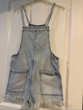 aerie Light Blue Denim Overall Shorts with Frayed Hem